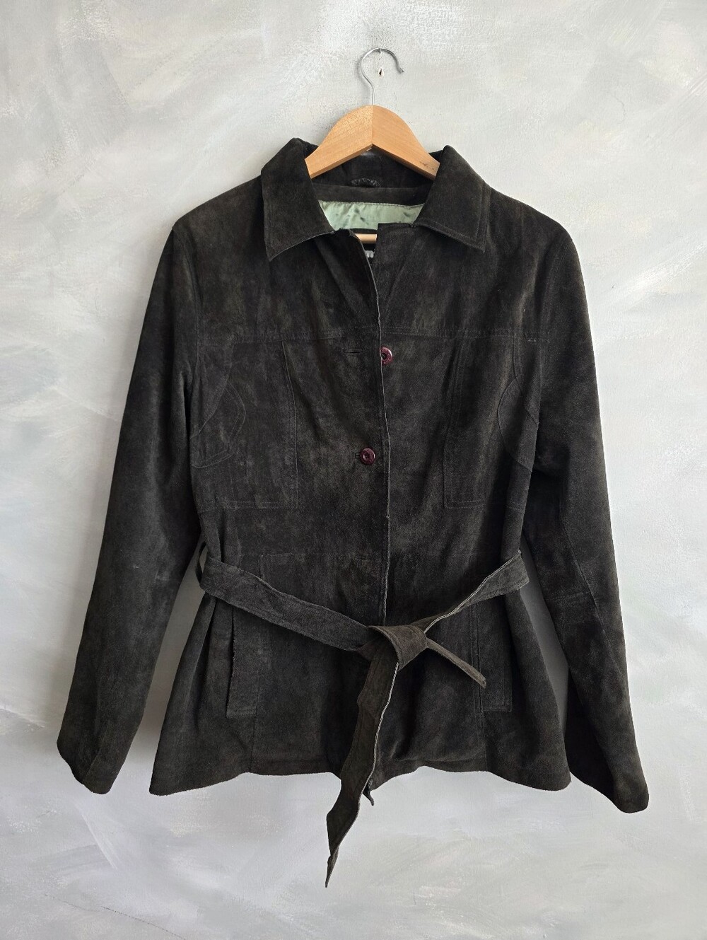 Wilsons Maxima Genuine Suede Leather Belted Utility Jacket Large Dark Brown